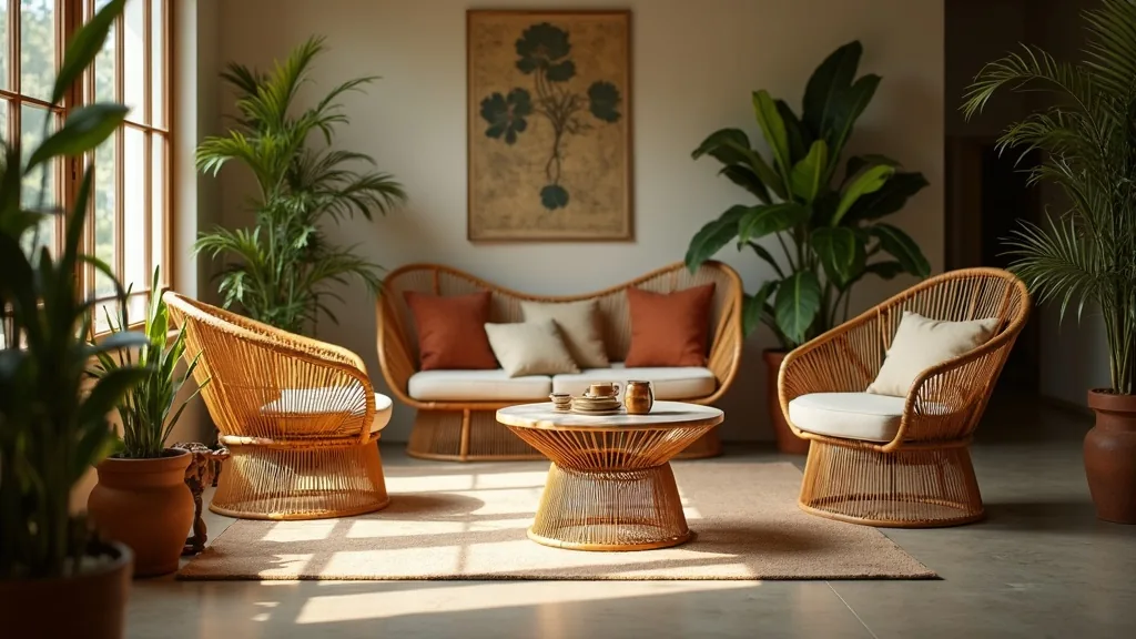 Rattan seating group furnishing a resort lounge