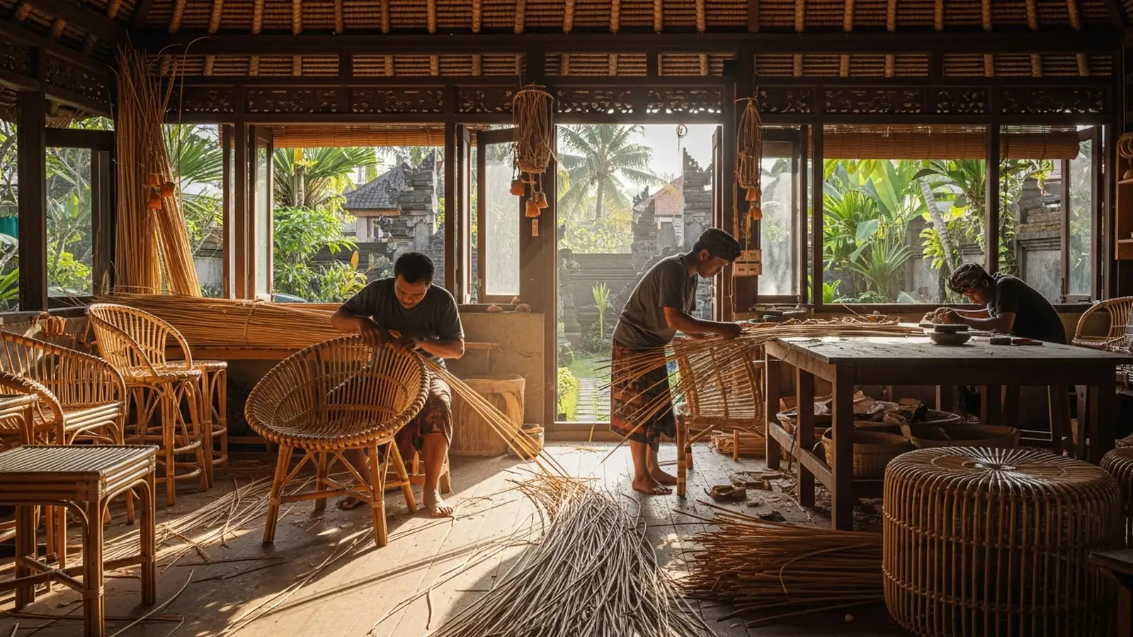 Handwoven rattan furniture produced in a Bali workshop