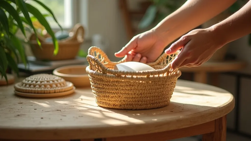 Hands packing folded linen into a woven rattan basket