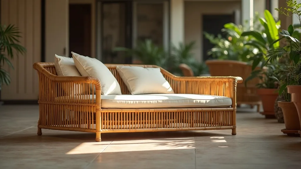 Long rattan daybed with bolster cushions