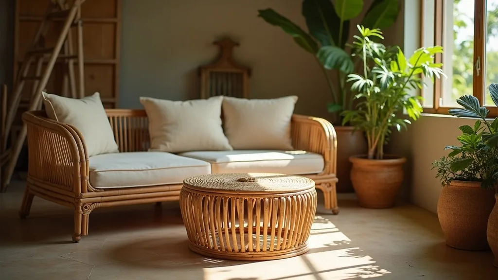 Rattan seating and tables in a producer workshop