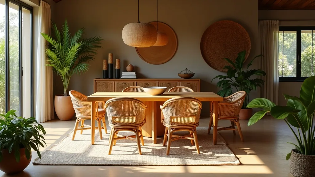 Rattan dining table and chairs in a naturally lit interior