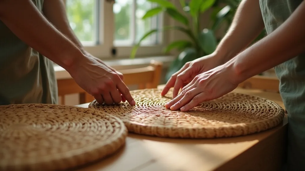 Two pairs of hands checking the weave on a rattan table top