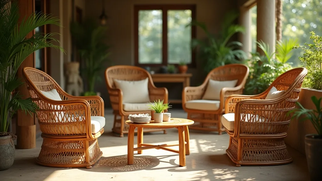 Natural rattan armchairs and a side table in a plant-filled interior
