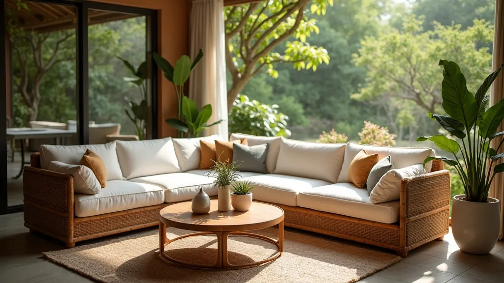 Outdoor rattan sofa set on a terrace surrounded by greenery