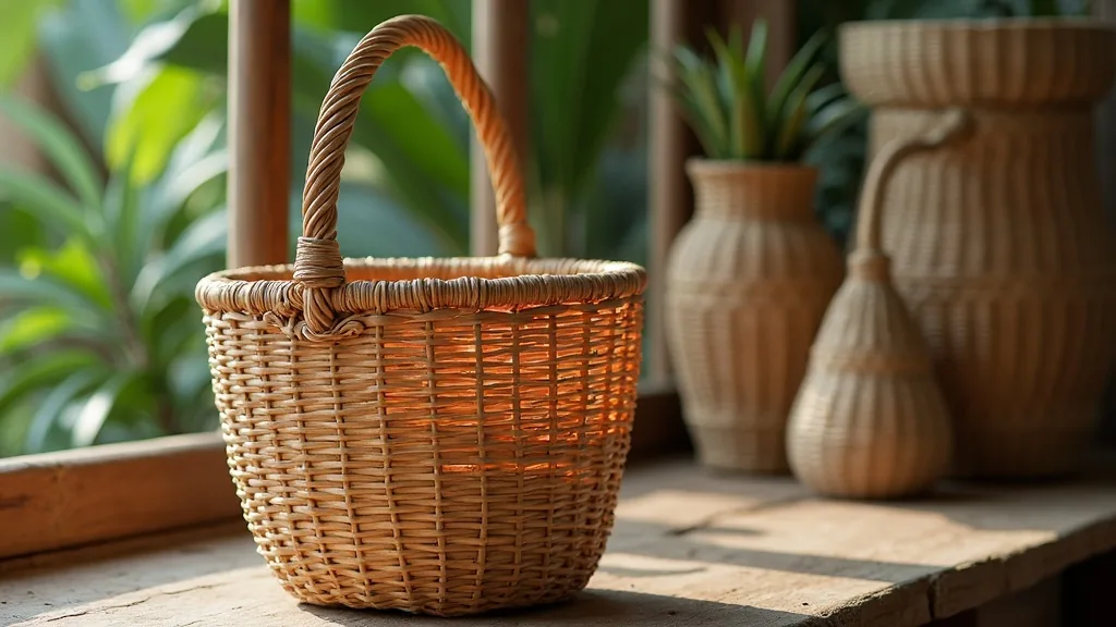 Woven rattan basket beside rattan vases on a workshop table