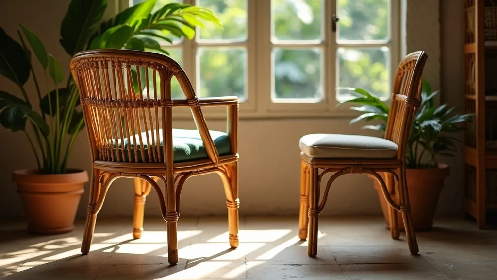 Two rattan dining chairs beside a sunlit window