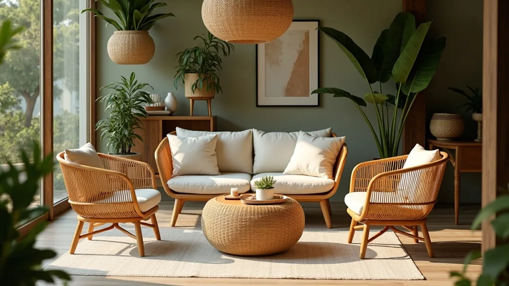 Rattan sofa, armchair and woven pouffe arranged around a rug