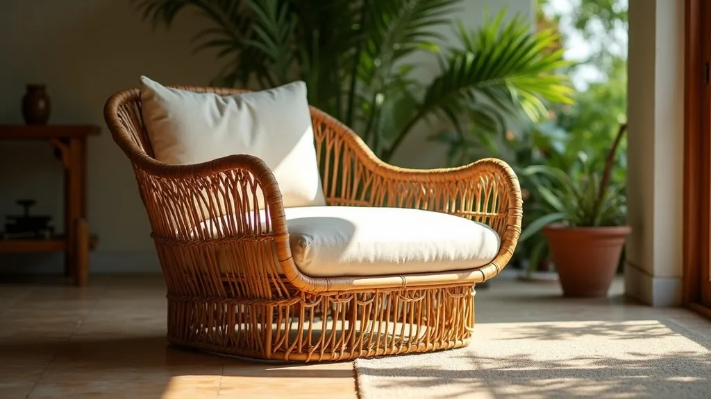 Wide woven rattan lounge chair with a cream seat cushion
