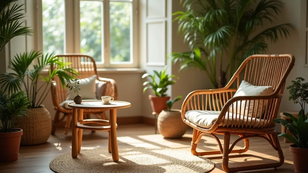 Sustainably sourced rattan seating in a bright plant-filled room