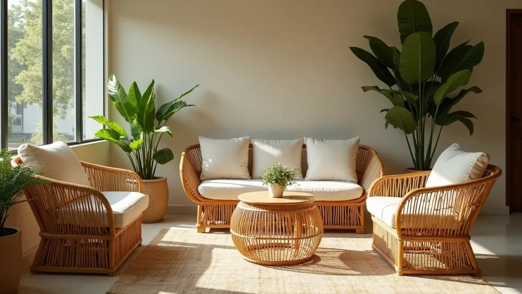 Synthetic rattan sofa and armchairs with cream cushions