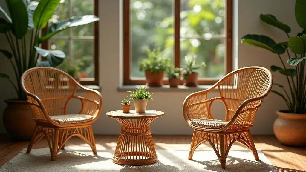 Pair of rattan armchairs flanking a small round side table
